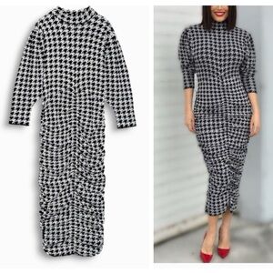 Zara Black and White Houndstooth Long Sleeve Dress